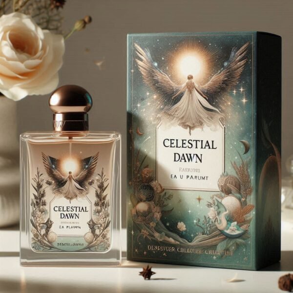 A radiant bottle of "Celestial Dawn Eau de Parfum" elegantly placed alongside its matching box on a pristine white background. The image emphasizes the fragrance's luminous and sophisticated design.