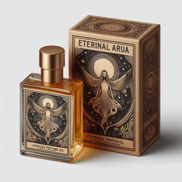 A luxurious bottle of "Eternal Aura" Unisex Perfume Oil displayed alongside its elegant box, set against a pristine white background. The image showcases the oil's premium design, emphasizing its sophistication and unisex appeal.