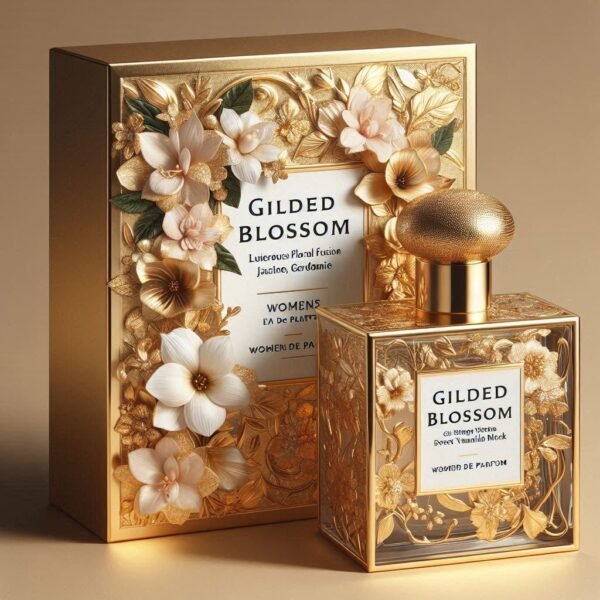A beautifully designed bottle of "Gilded Blossom" Eau de Parfum showcased alongside its elegant packaging, set against a pristine white background. The image highlights the fragrance's luxurious and floral essence.