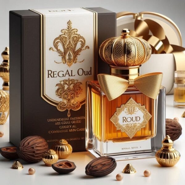 A sleek bottle of "Regal Oud Men’s Perfume Oil" displayed alongside its elegant box, set against a clean white background. The image highlights the fragrance’s luxurious essence and sophisticated design.